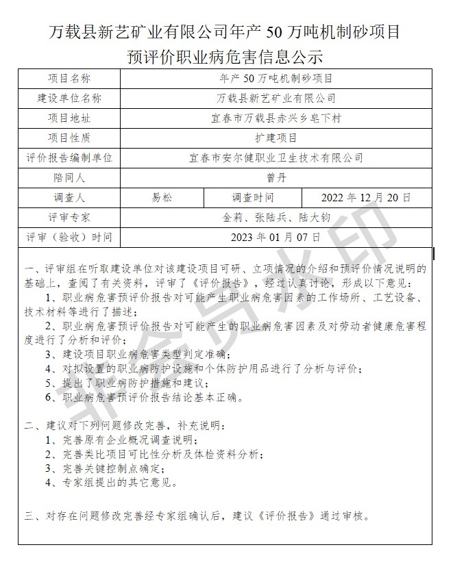 萬載縣新藝礦業(yè)有限公司年產(chǎn)50萬噸機(jī)制砂項(xiàng)目預(yù)評價(jià)職業(yè)病危害信息公示.jpg